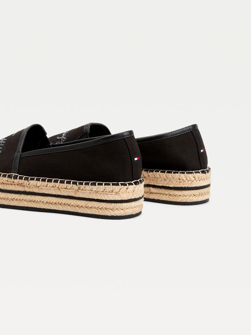 Női Tommy Hilfiger Sequin Signature Espadrille Alkalmi Cipő Fekete | HU 596GSO